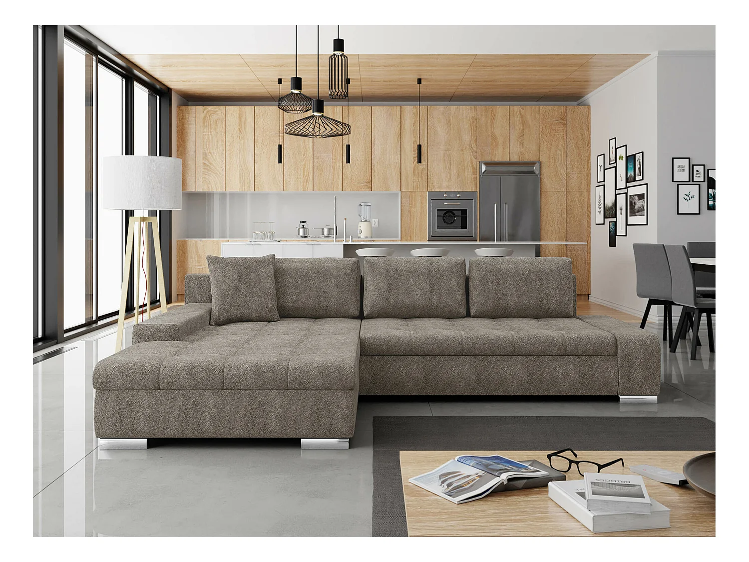 Sofá rinconero Comfivo 147, Marrón, Función de descanso, Almacenaje, 302x213x80cm