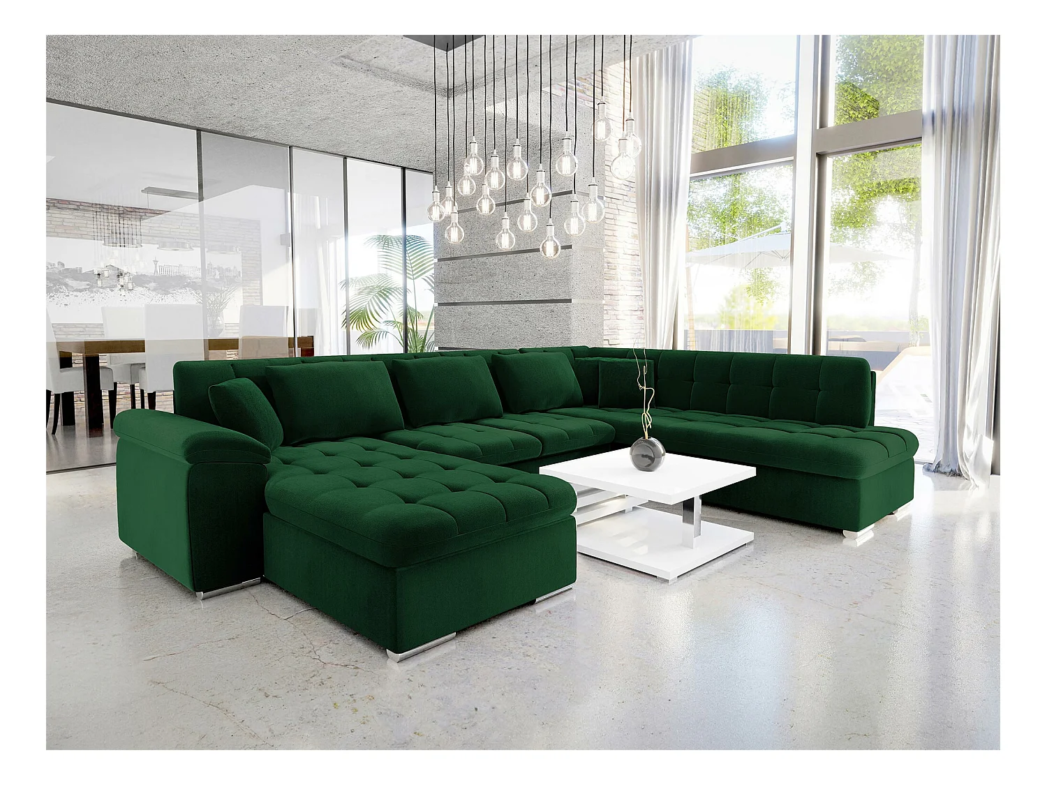 Canapé d'angle Comfivo 128, Vert, Fonction de couchage, 348x205x76cm