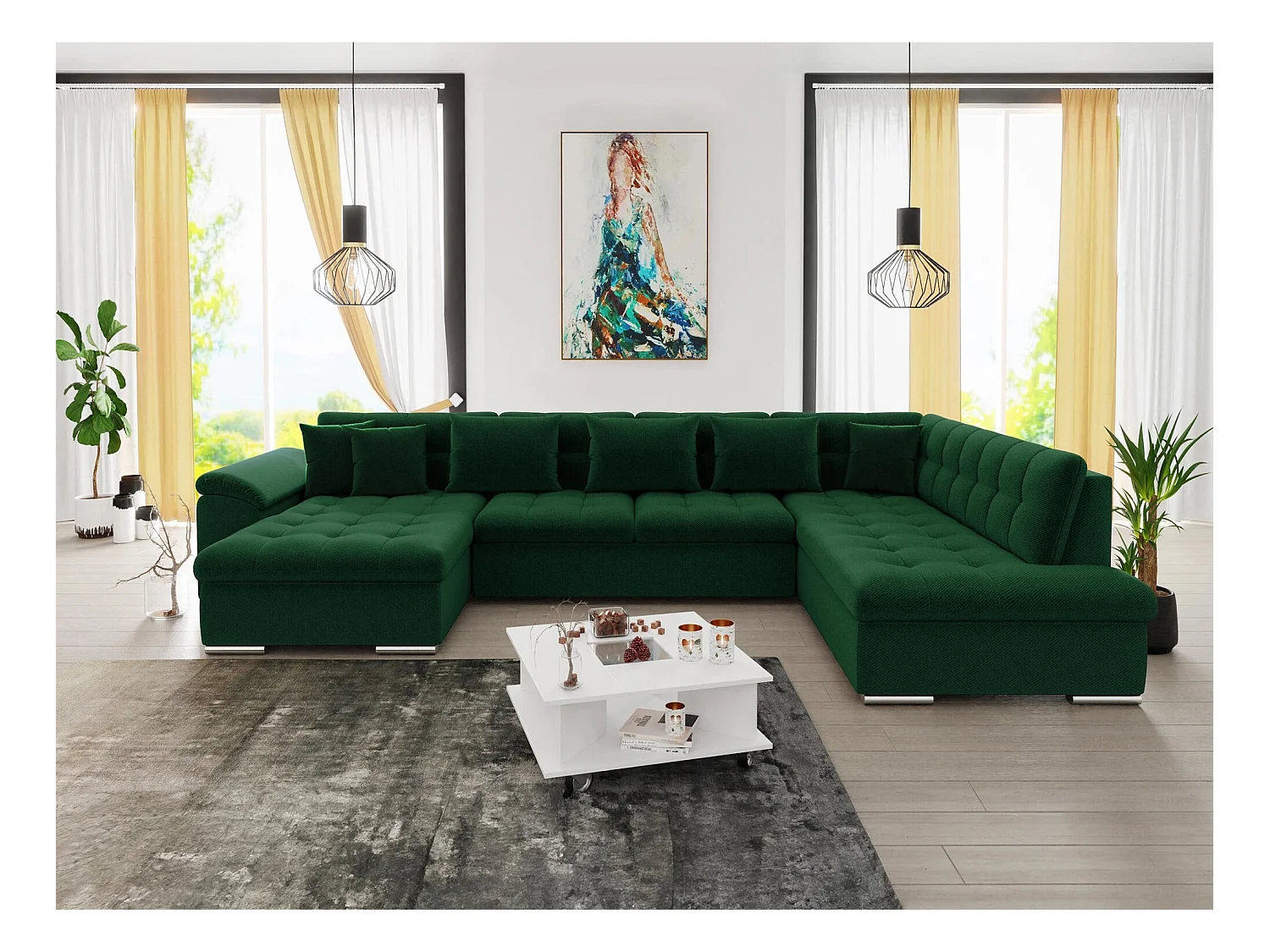 Canapé d'angle Comfivo 128, Vert, Fonction de couchage, 348x205x76cm