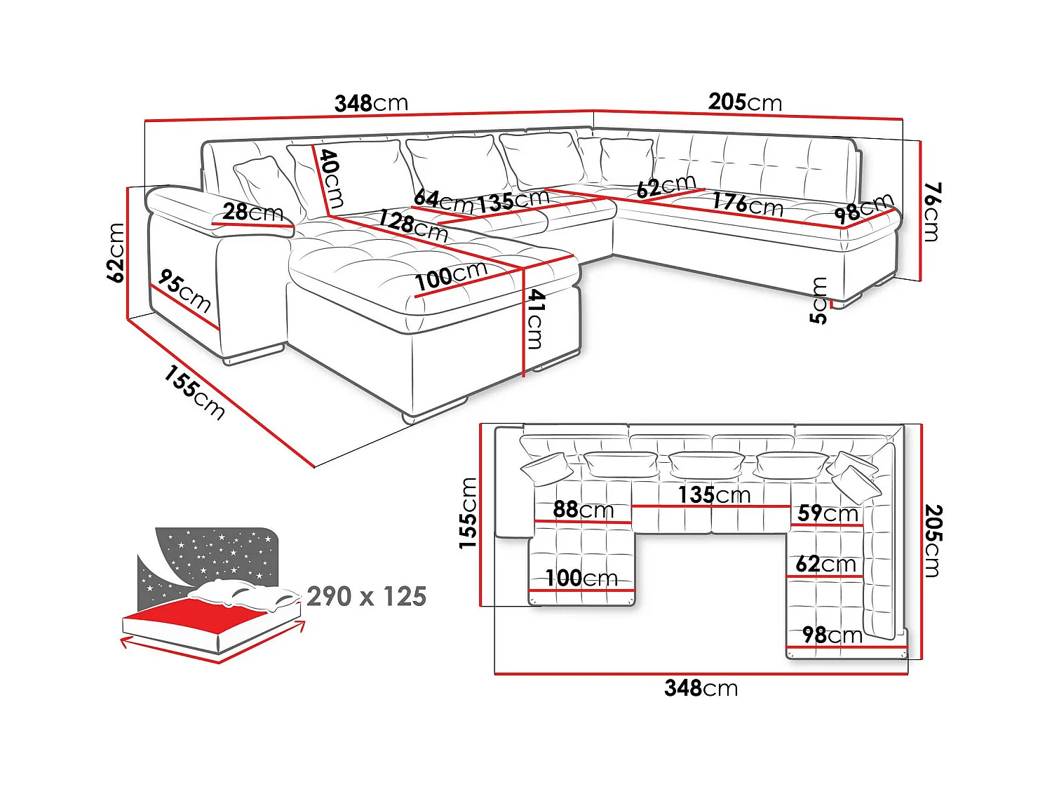 Canapé d'angle Comfivo 128, Vert, Fonction de couchage, 348x205x76cm