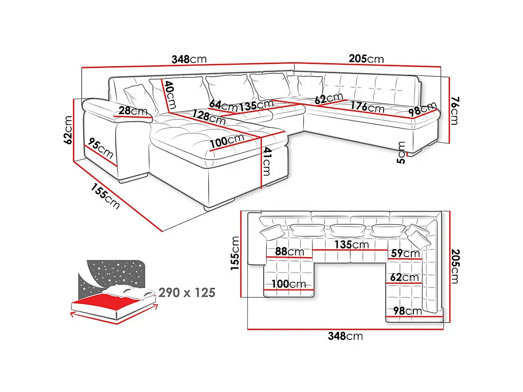 Canapé d'angle Comfivo 128, Vert, Fonction de couchage, 348x205x76cm