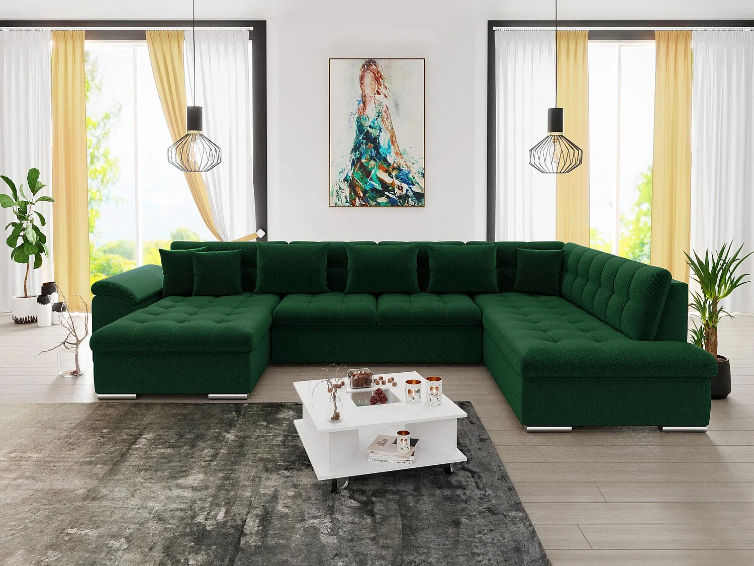Sofá rinconero Comfivo 128, Verde, Función de descanso, 348x205x76cm