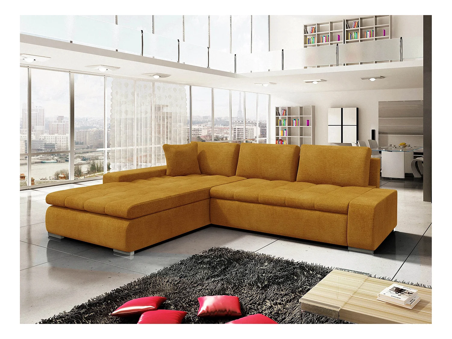 Canapé d'angle Comfivo 147, Jaune, Fonction de couchage, Boîte de literie, 302x213x80cm