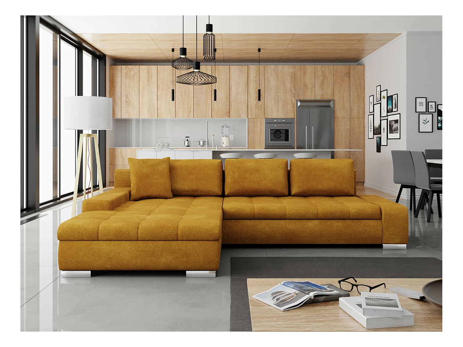 Canapé d'angle Comfivo 147, Jaune, Fonction de couchage, Boîte de literie, 302x213x80cm