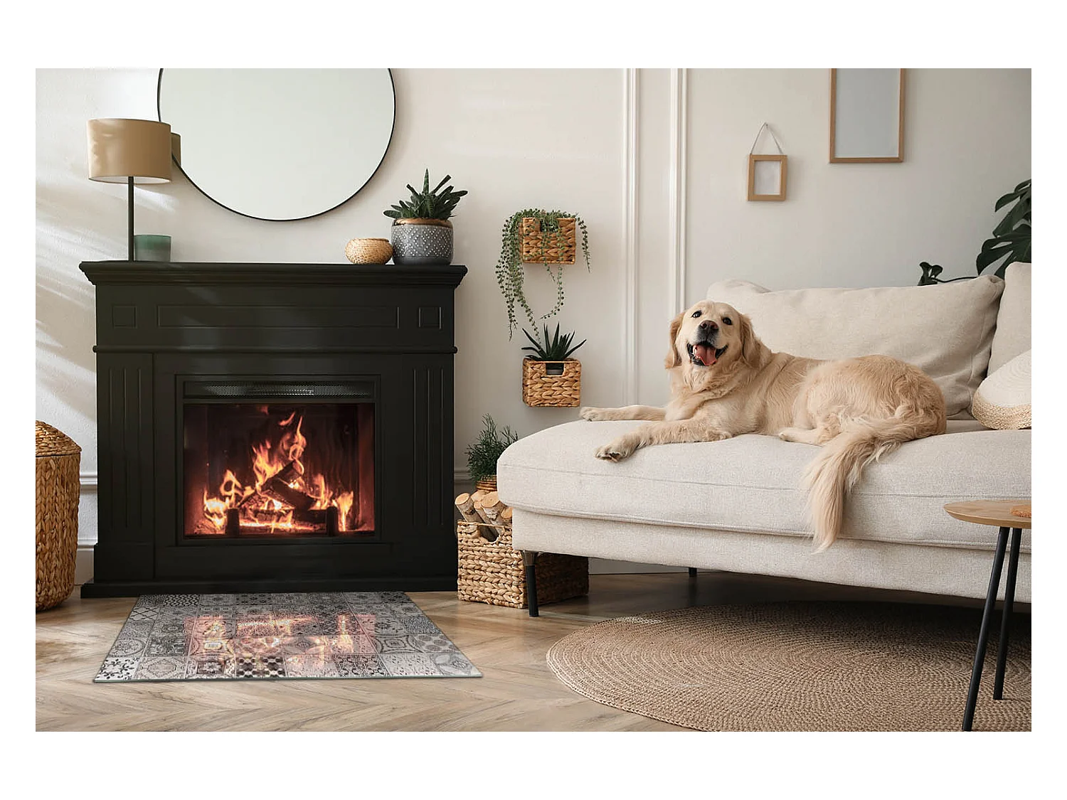 Glasplatte zum Schutz vor Funkenflug, Kaminauflage - Rechteck - 80x60 - Keramikfliesenmuster