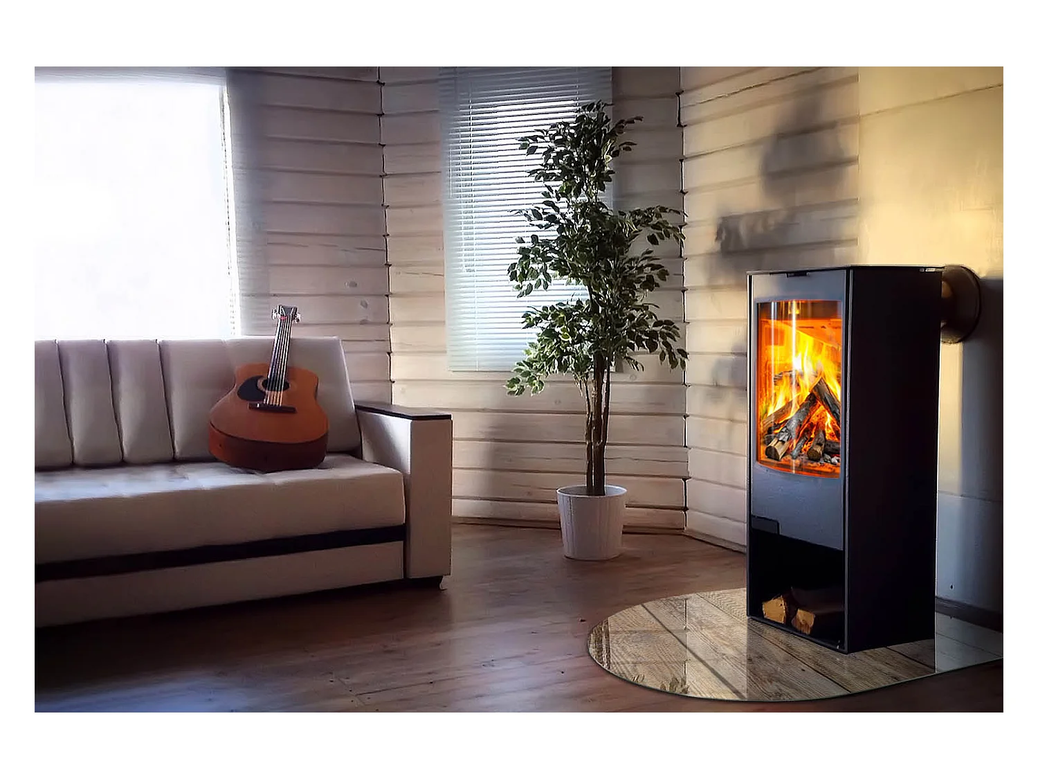 Plaque de sol en verre pour poêle - semi-circulaire - 100x100 - Une boîte avec du bois coupé