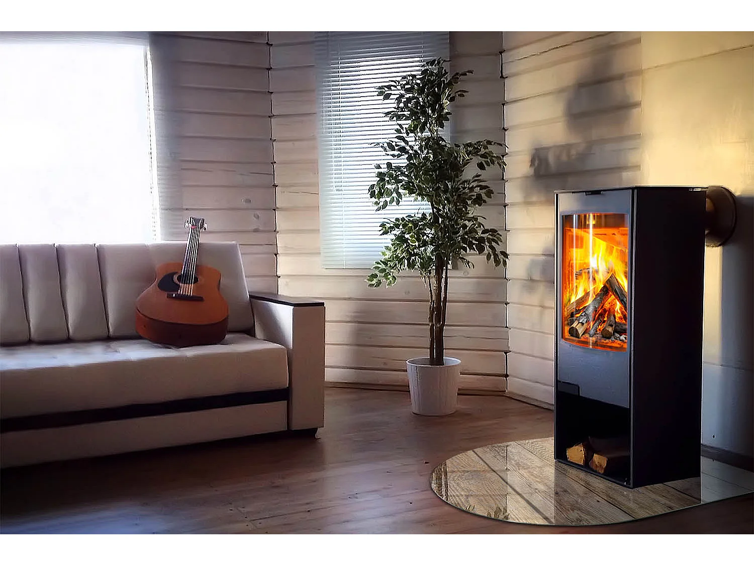 Glasplatte zum Schutz vor Funkenflug, Kaminauflage - halbrund - 100x100 - Eine Kiste mit geschnittenem Holz