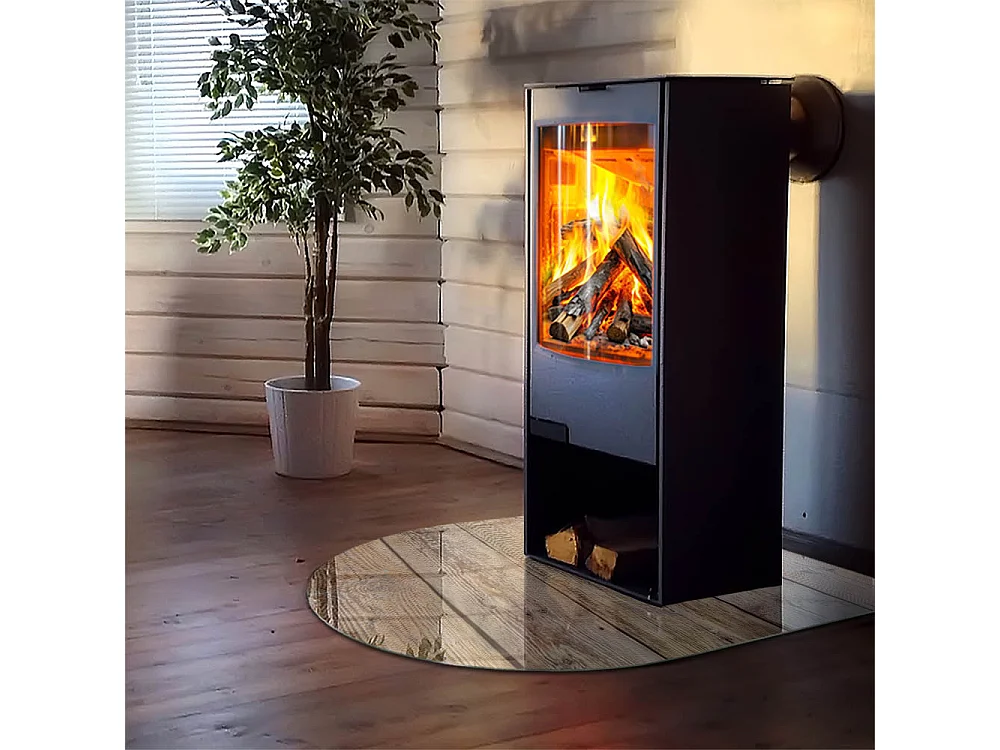 Glasplatte zum Schutz vor Funkenflug, Kaminauflage - halbrund - 100x100 - Eine Kiste mit geschnittenem Holz