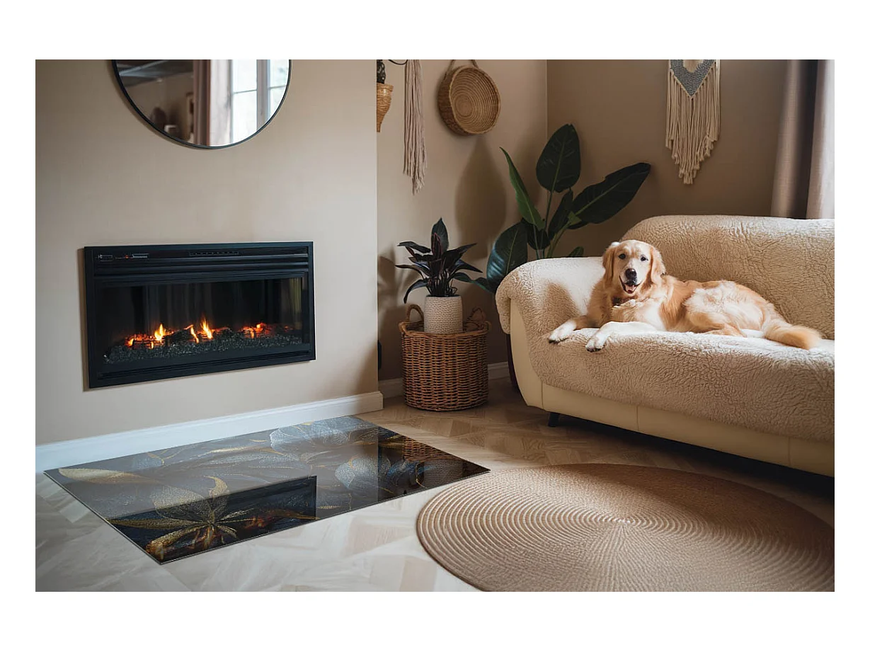 Glasplatte zum Schutz vor Funkenflug, Kaminauflage - Rechteck - 120x80 - Elegante Blätter in der Textur