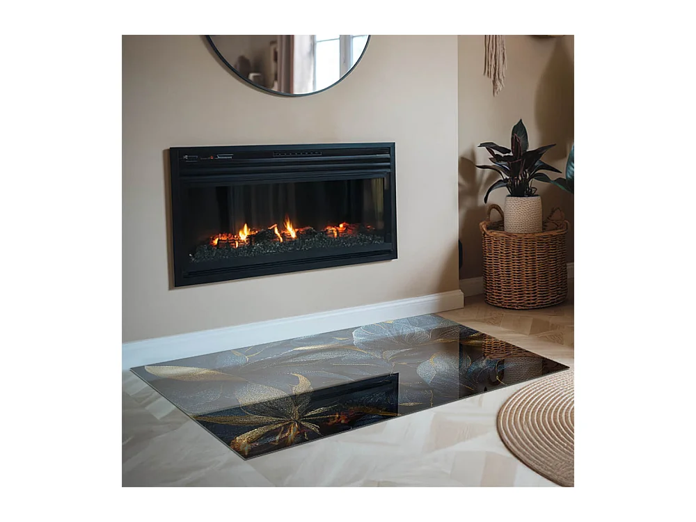 Glasplatte zum Schutz vor Funkenflug, Kaminauflage - Rechteck - 120x80 - Elegante Blätter in der Textur