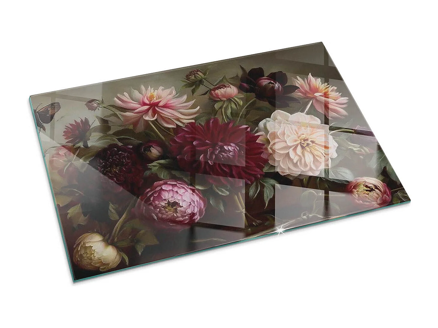 Plaque de sol en verre pour poêle - Rectangle - 100x70 - Bouquet floral en détail