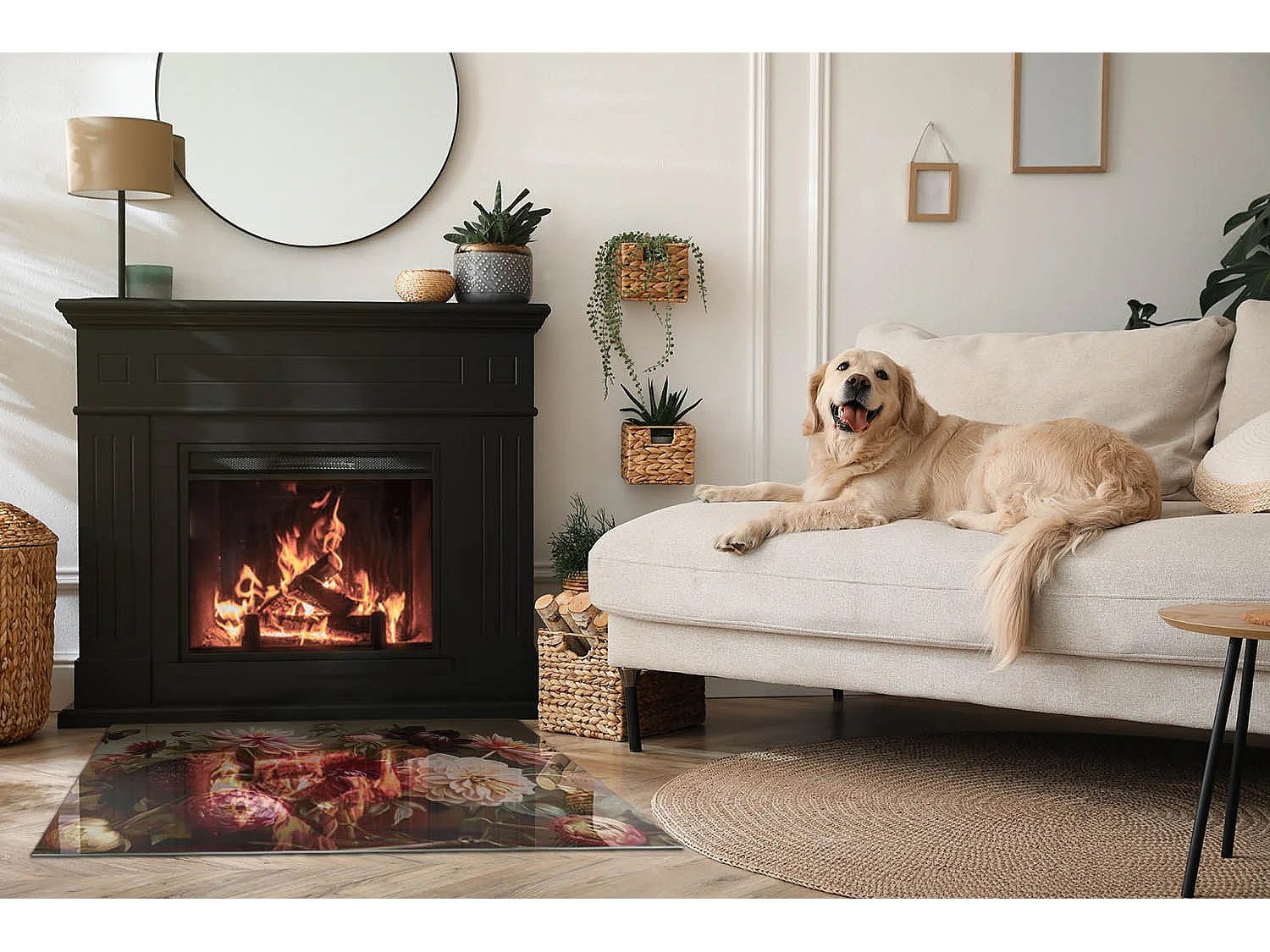 Plaque de sol en verre pour poêle - Rectangle - 100x70 - Bouquet floral en détail