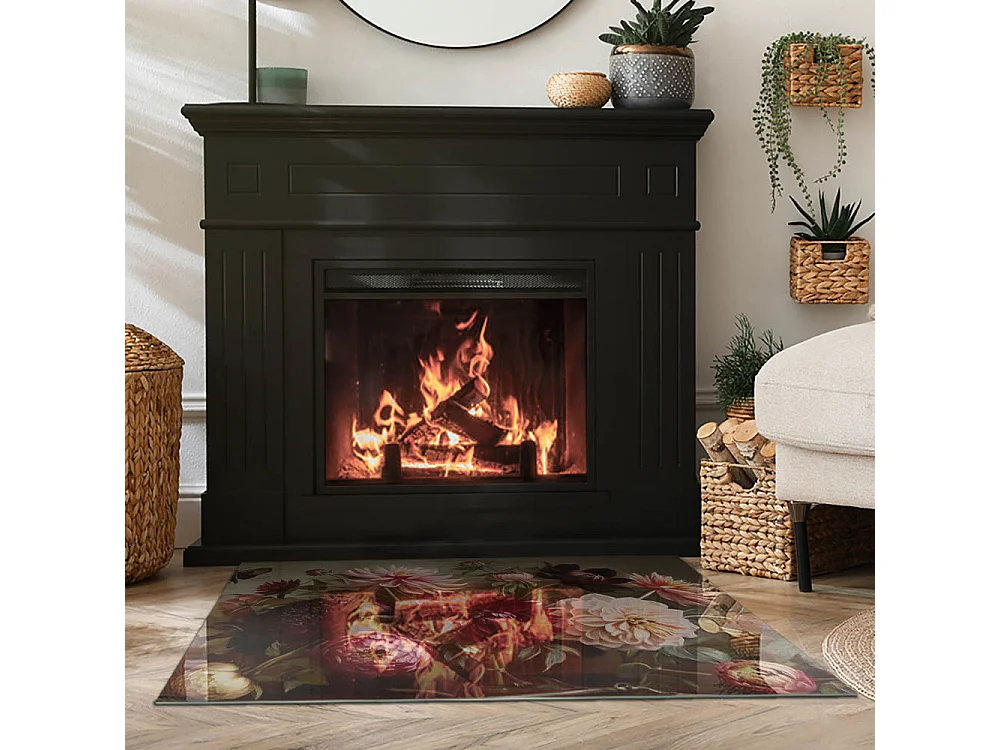 Plaque de sol en verre pour poêle - Rectangle - 100x70 - Bouquet floral en détail