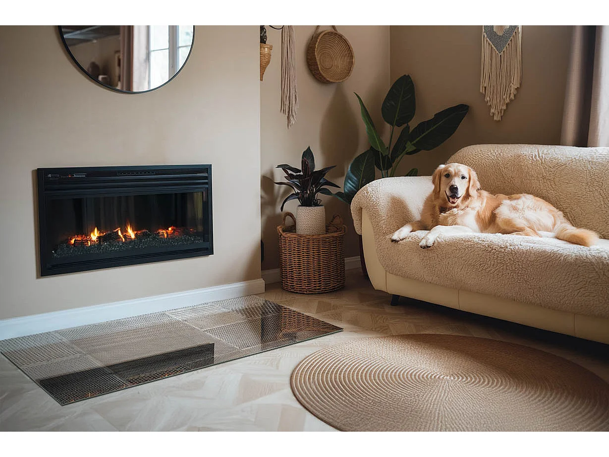 Glasplatte zum Schutz vor Funkenflug, Kaminauflage - Rechteck - 140x70 - Muster aus perforiertem Blech