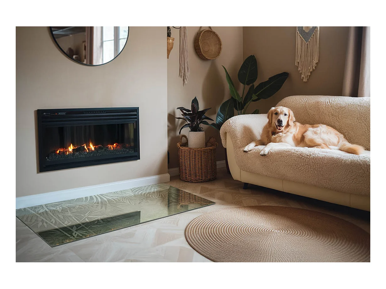 Glasplatte zum Schutz vor Funkenflug, Kaminauflage - Rechteck - 140x70 - Tropische Blätter im Hintergrund