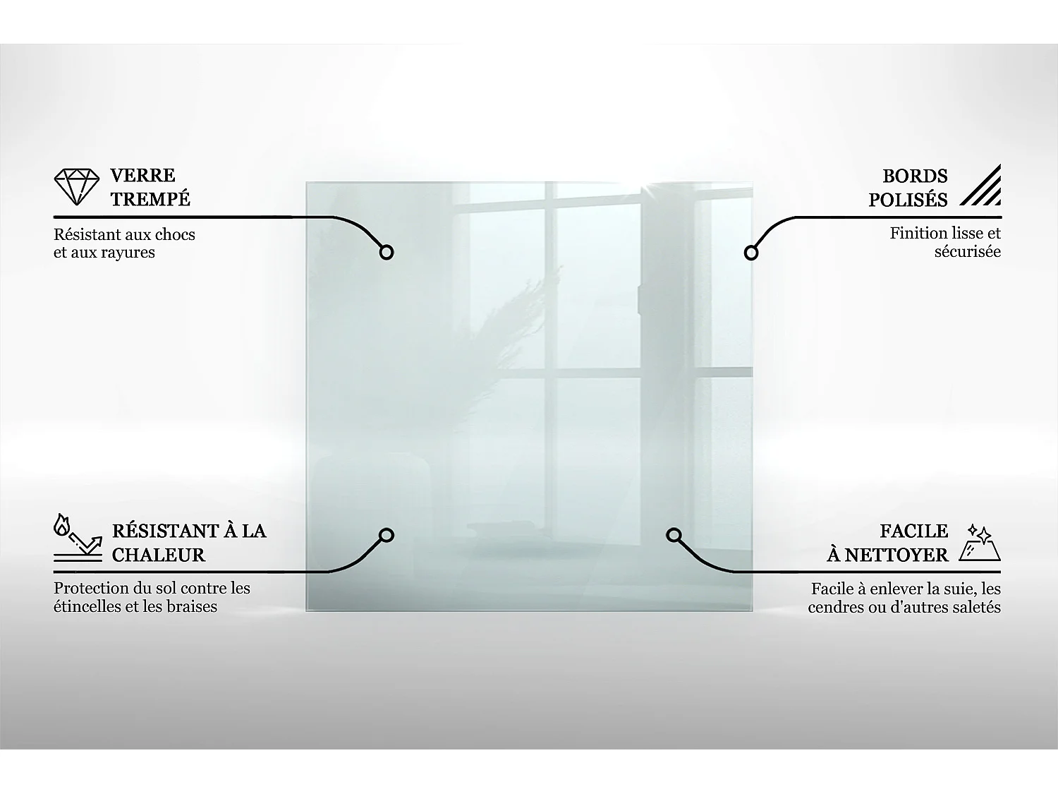 Glasplatte zum Schutz vor Funkenflug, Kaminauflage - transparent  - Rechteck - 60x60
