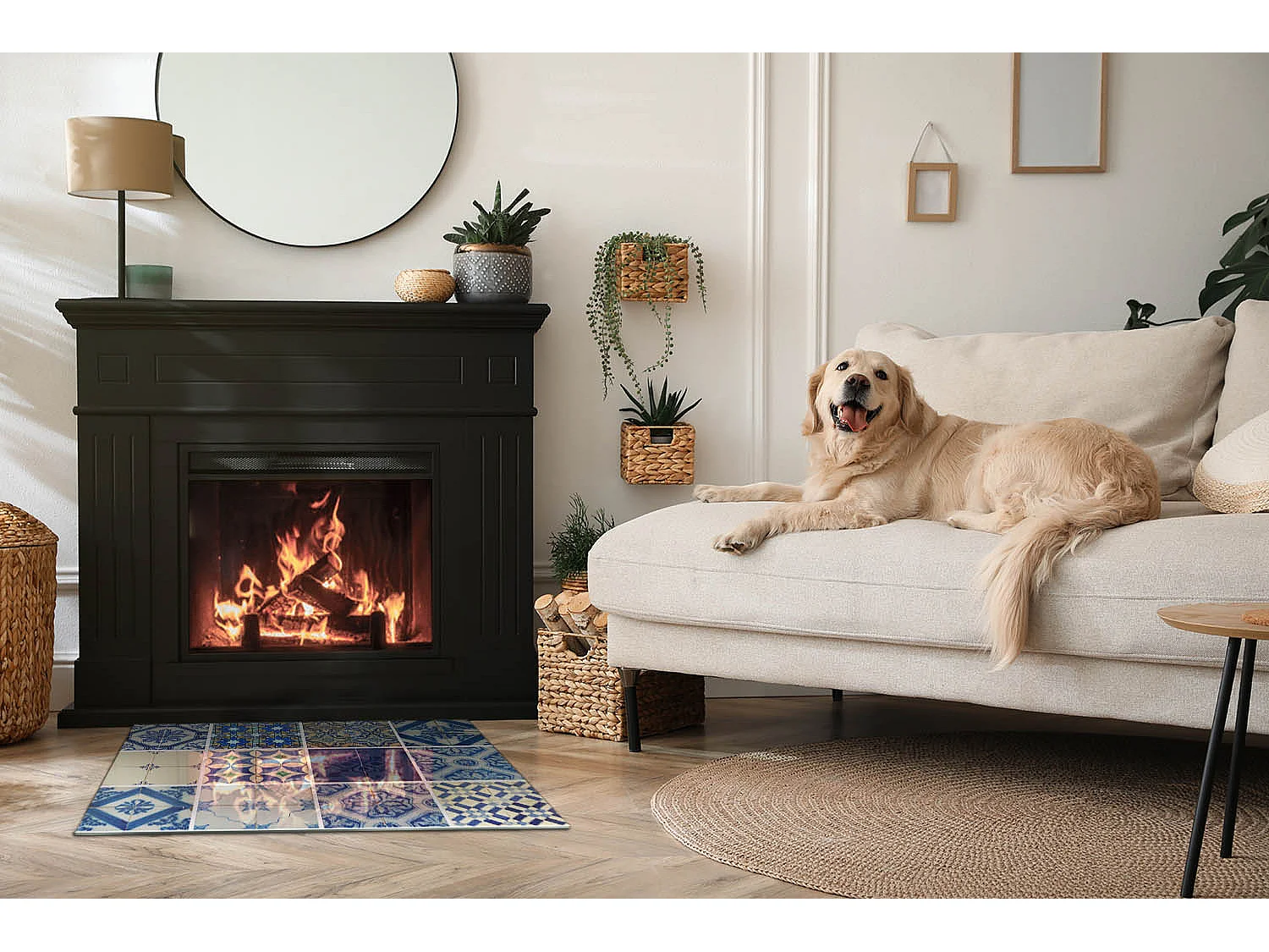 Glasplatte zum Schutz vor Funkenflug, Kaminauflage - Rechteck - 80x60 - Wellen aus zarten Linien