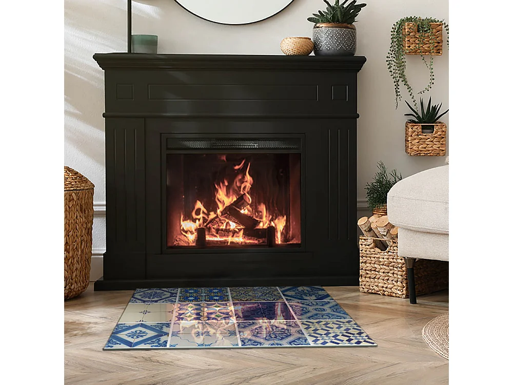 Glasplatte zum Schutz vor Funkenflug, Kaminauflage - Rechteck - 80x60 - Wellen aus zarten Linien