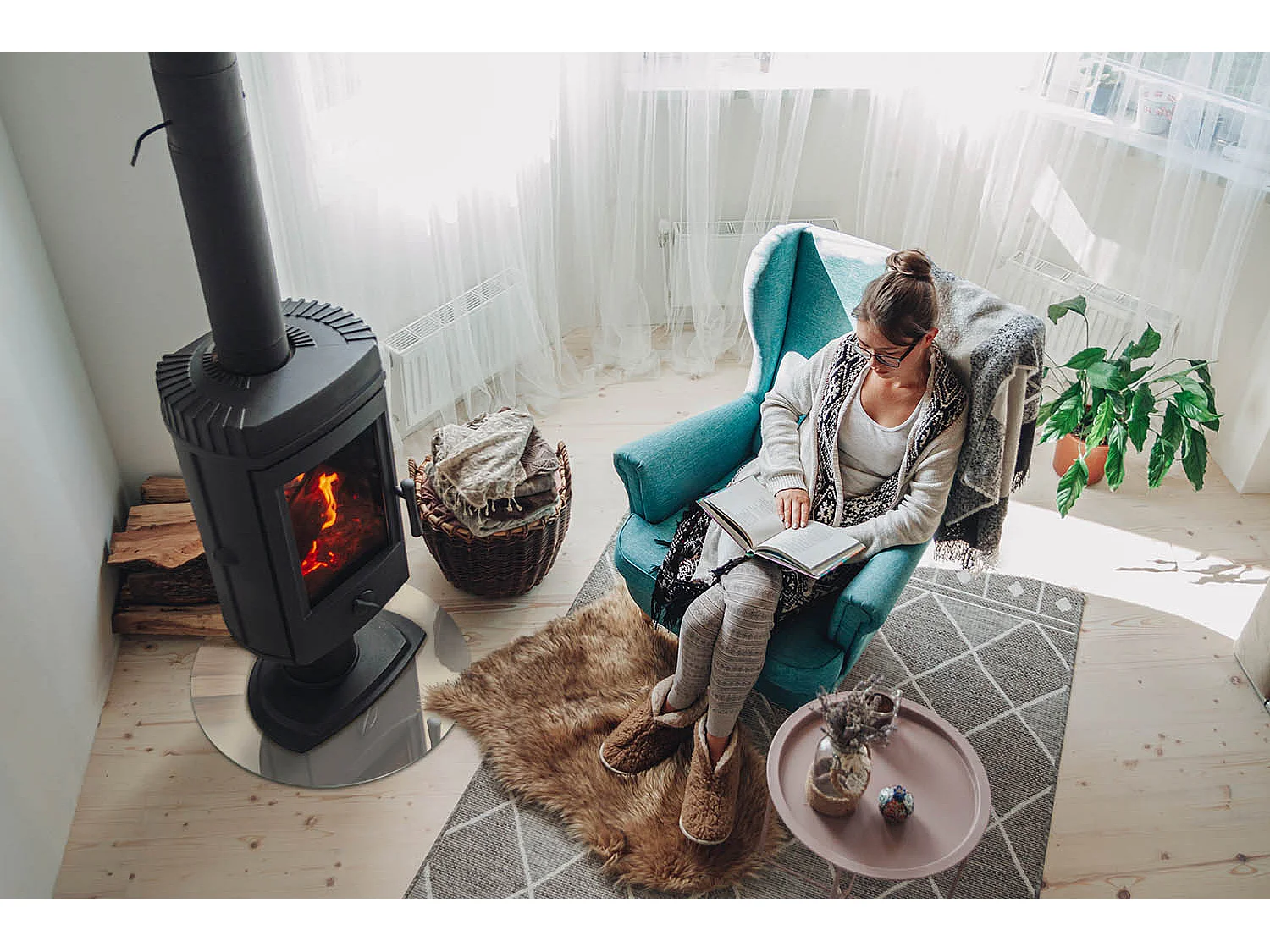 Plaque de sol en verre pour poêle - Roue - 50x50 - Couleur Beige