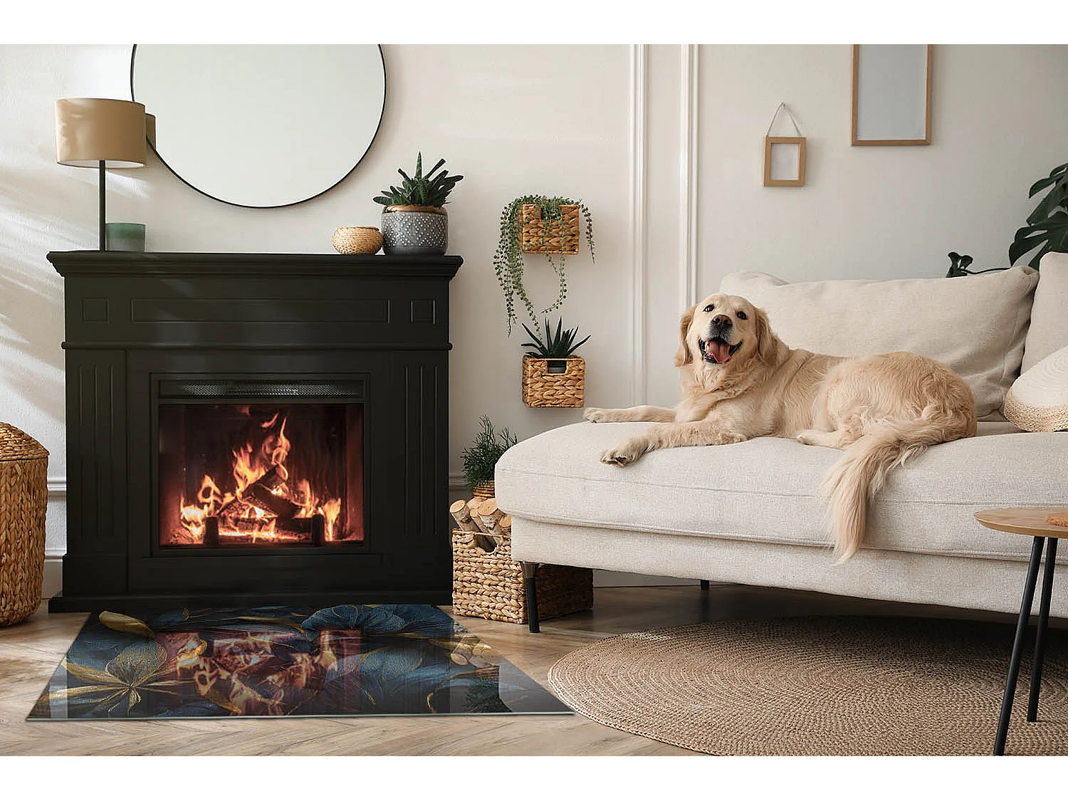 Glasplatte zum Schutz vor Funkenflug, Kaminauflage - Rechteck - 100x70 - Elegante Blätter in der Textur