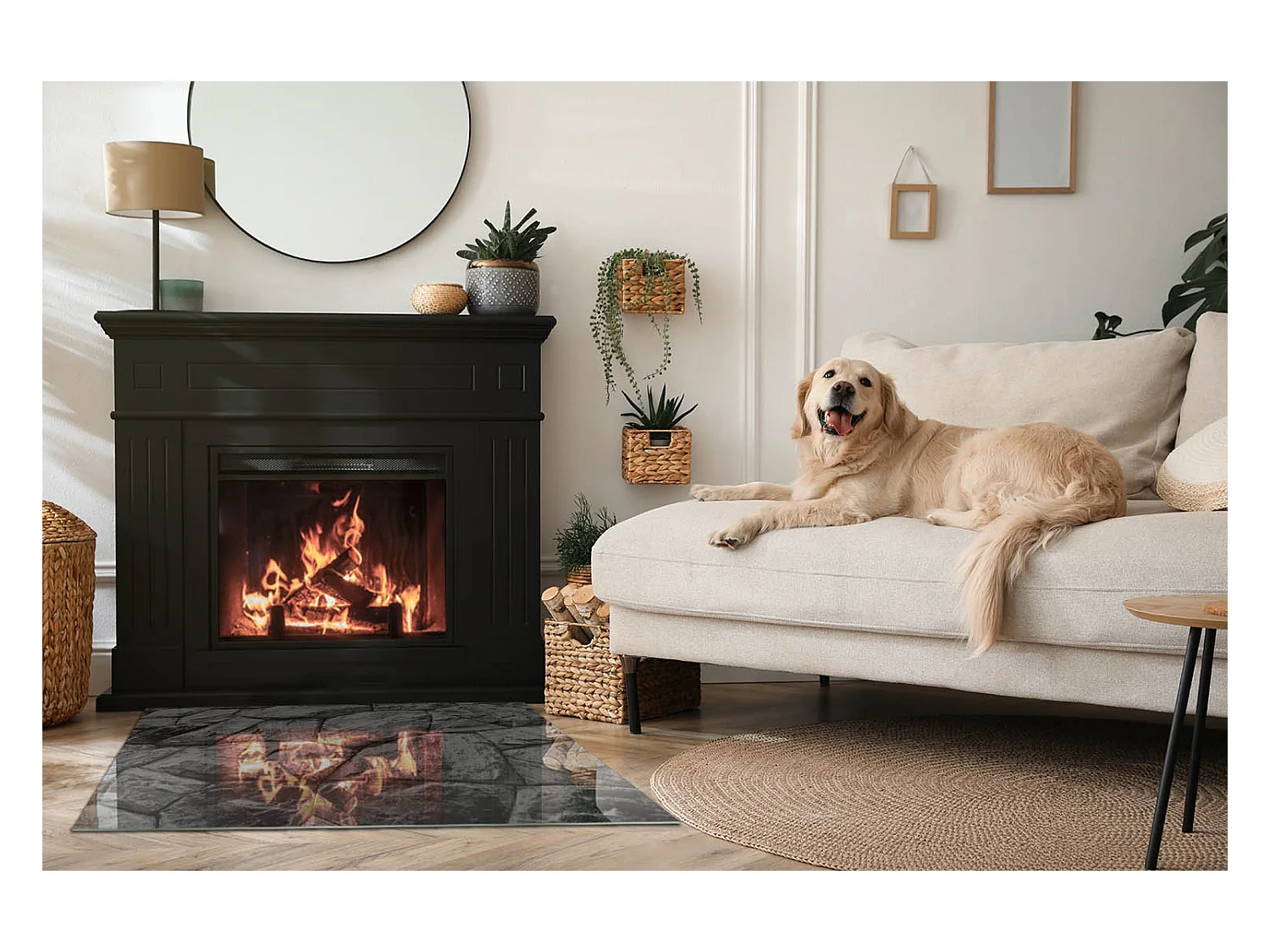 Plaque de sol en verre pour poêle - Rectangle - 100x70 - Motif en pierre naturelle