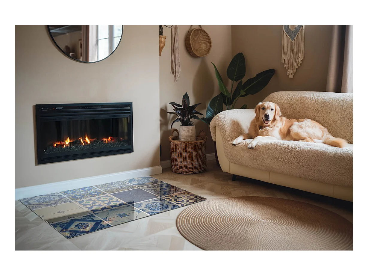 Glasplatte zum Schutz vor Funkenflug, Kaminauflage - Rechteck - 120x80 - Keramikfliesenmuster