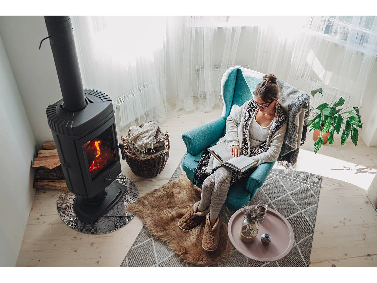 Vloerplaat voor houtkachel, onder open haard - Wiel - 50x50 - Decoratieve tegelpatronen