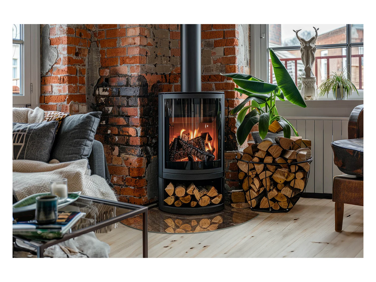 Plaque de sol en verre pour poêle - Un quart - 1/4 100x100 - Modèle en bois naturel