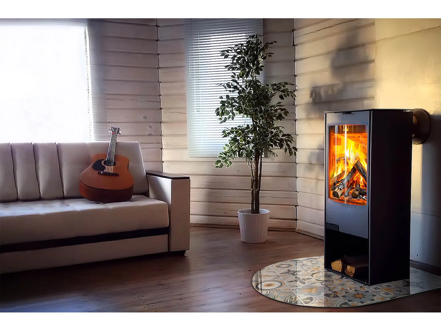 Glasplatte zum Schutz vor Funkenflug, Kaminauflage - halbrund - 100x100 - Abstrakte Wellen und Linien