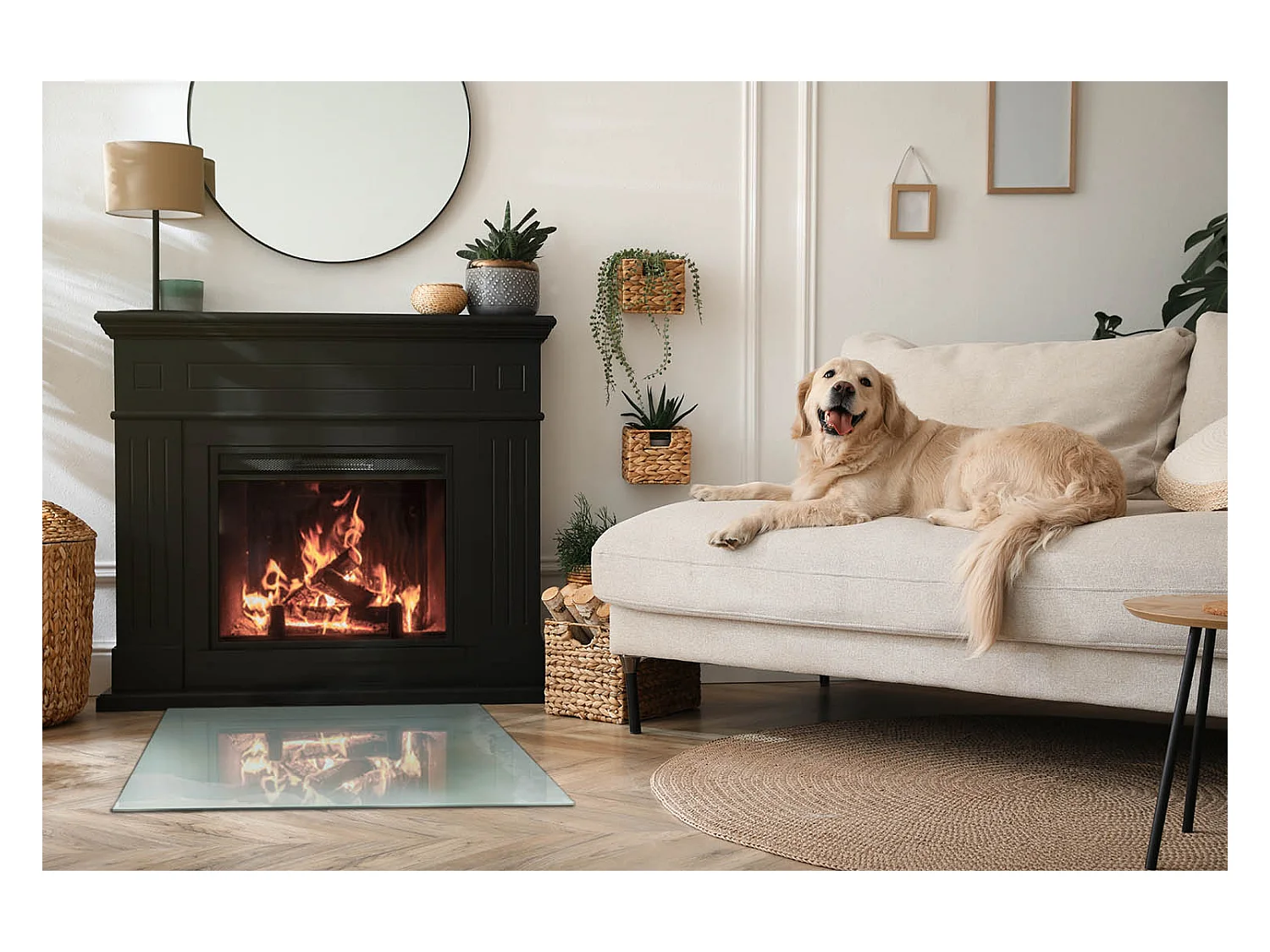 Glasplatte zum Schutz vor Funkenflug, Kaminauflage - Rechteck - 80x60 - Tropische Blätter im Hintergrund