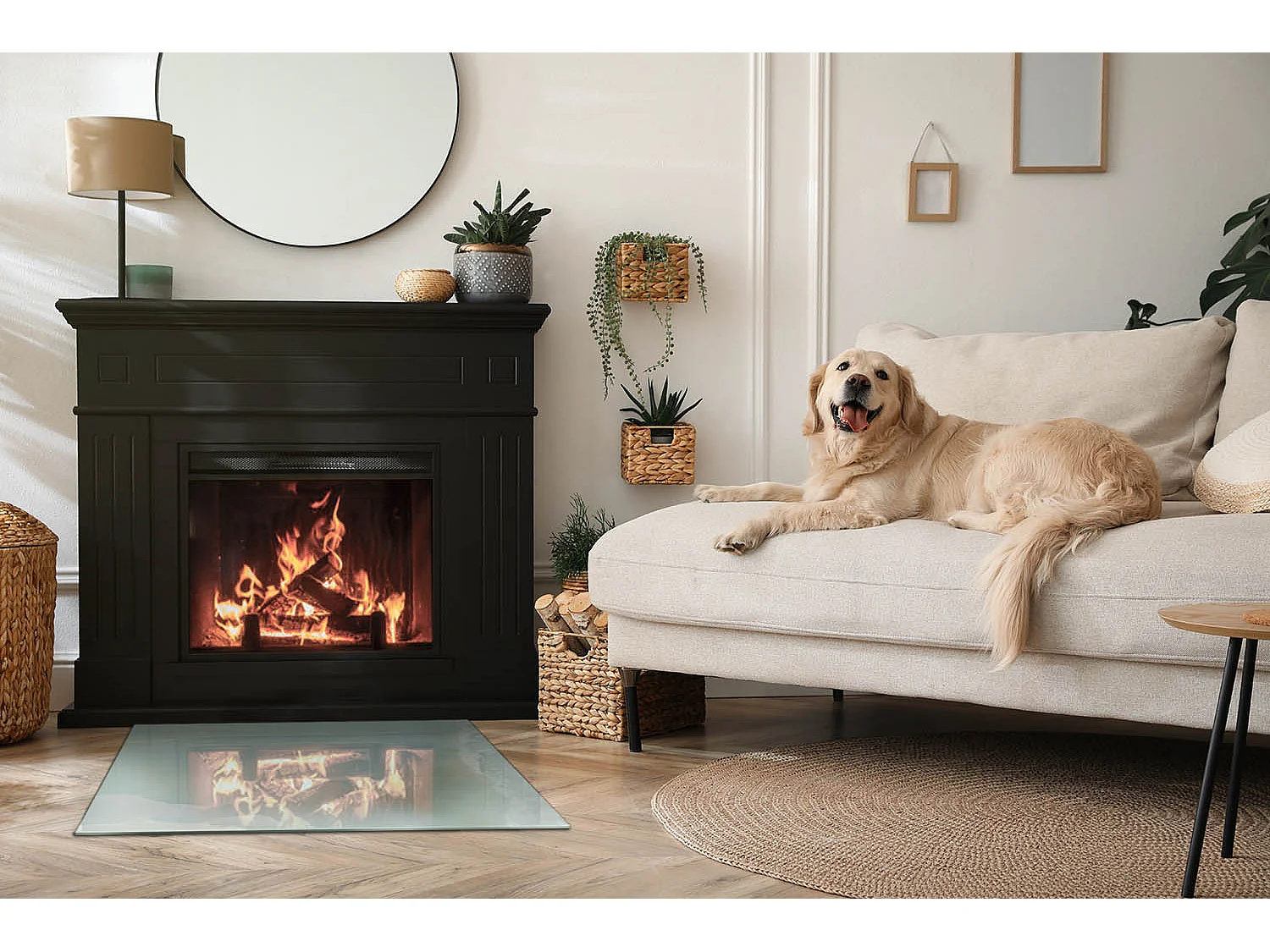 Glasplatte zum Schutz vor Funkenflug, Kaminauflage - Rechteck - 80x60 - Tropische Blätter im Hintergrund