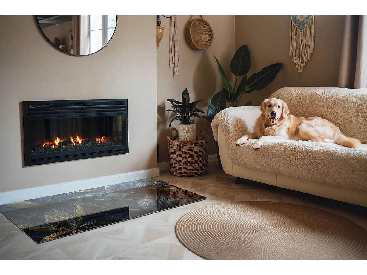 Glasplatte zum Schutz vor Funkenflug, Kaminauflage - Rechteck - 140x70 - Elegante Blätter in der Textur