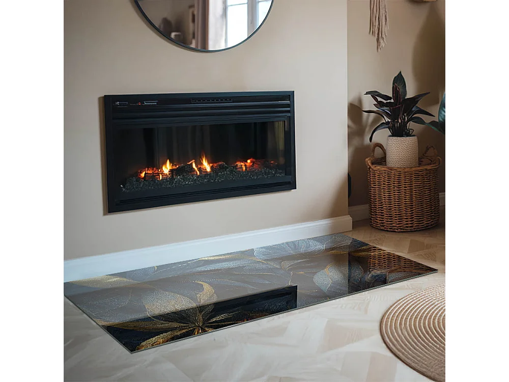 Glasplatte zum Schutz vor Funkenflug, Kaminauflage - Rechteck - 140x70 - Elegante Blätter in der Textur