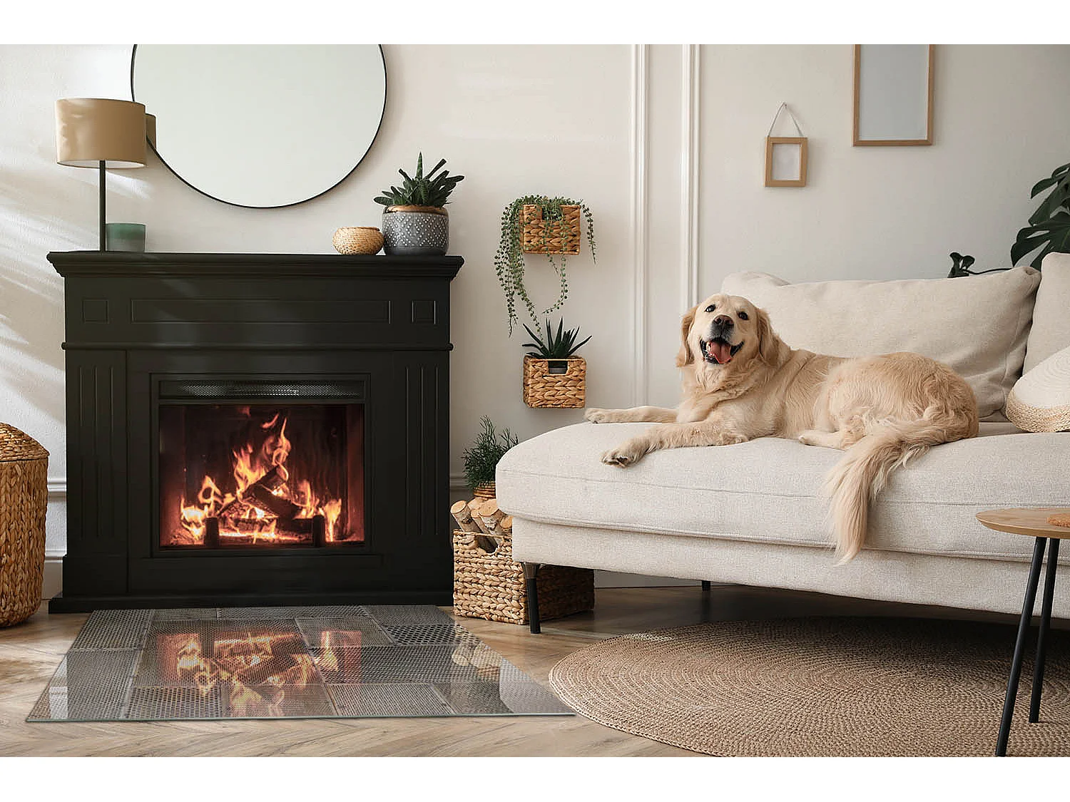 Glasplatte zum Schutz vor Funkenflug, Kaminauflage - Rechteck - 100x70 - Muster aus perforiertem Blech