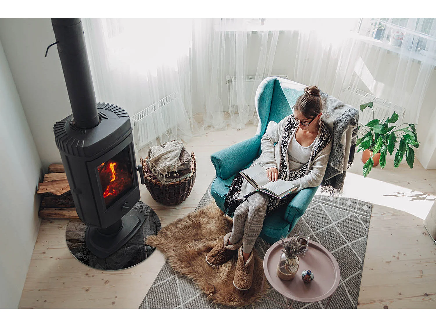 Plaque de sol en verre pour poêle - Roue - 50x50 - Motif en pierre naturelle