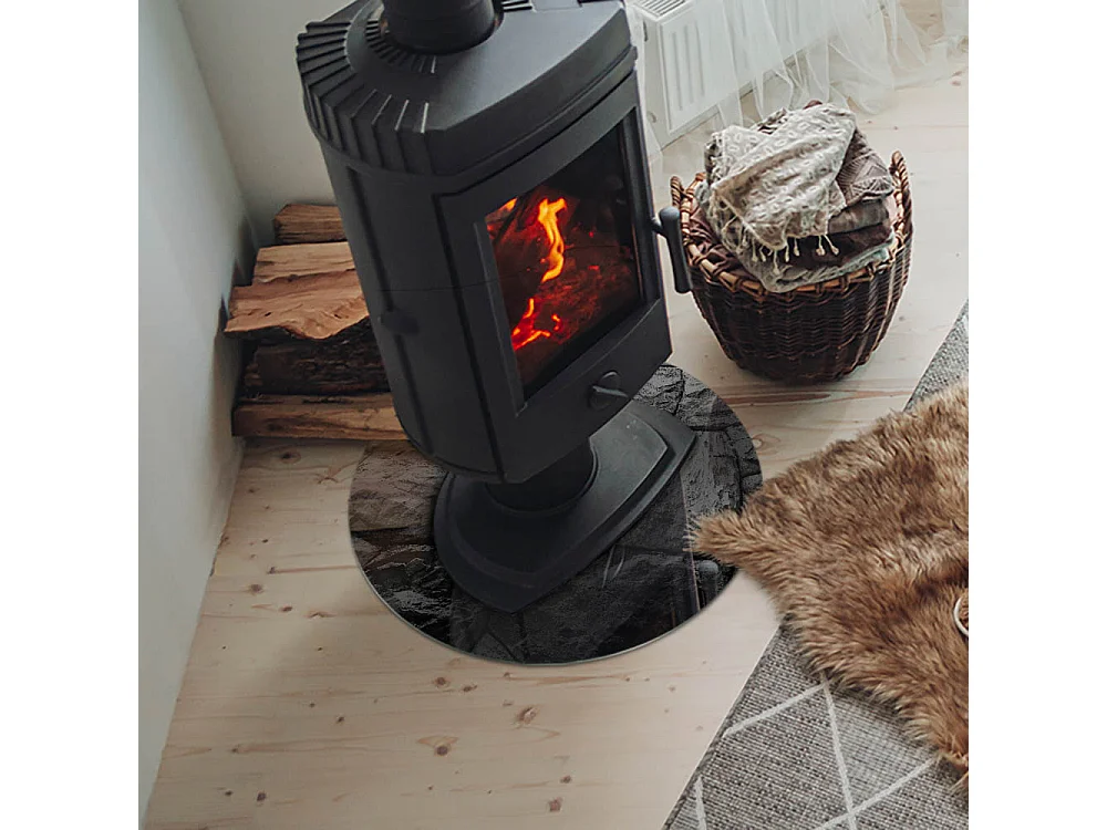 Plaque de sol en verre pour poêle - Roue - 50x50 - Motif en pierre naturelle