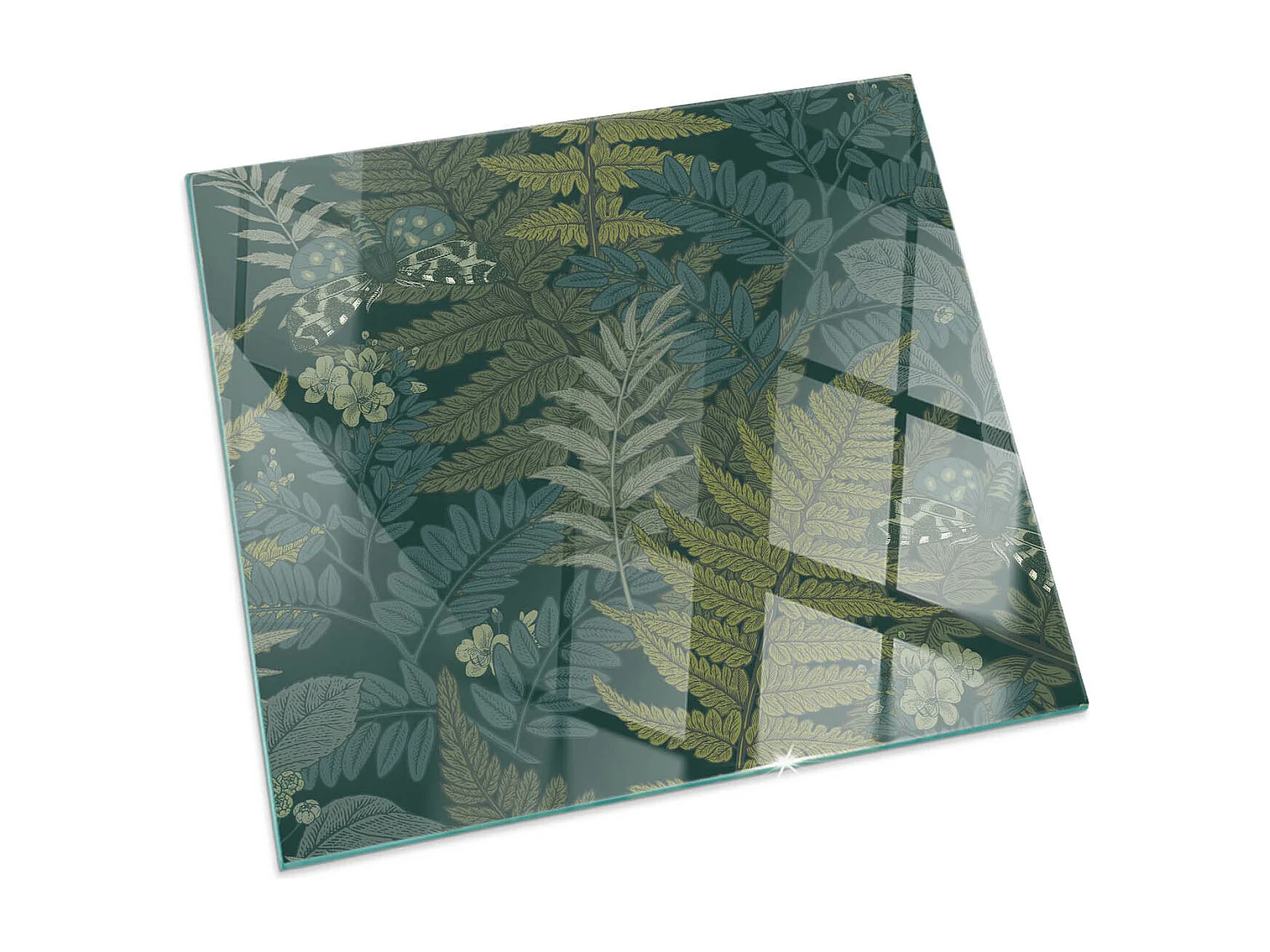 Glasplatte zum Schutz vor Funkenflug, Kaminauflage - Quadrat - 60x60 - Pflanzenmotive mit Schmetterlingen