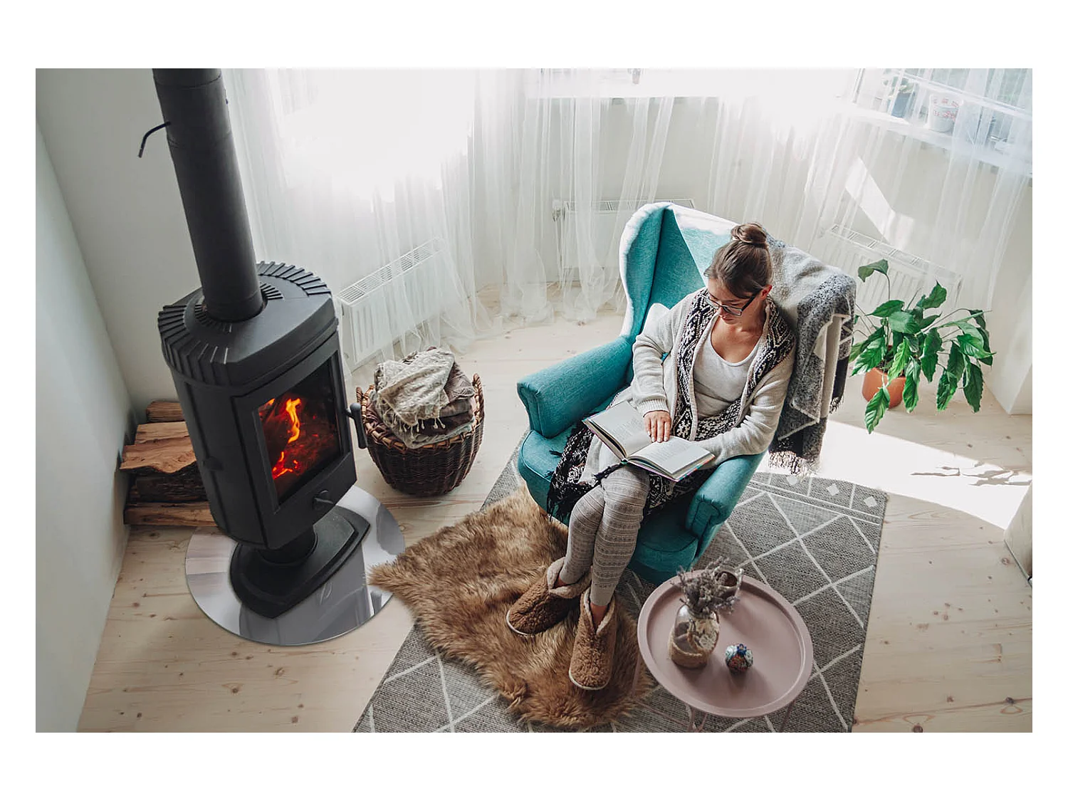 Vloerplaat voor houtkachel, onder open haard - Wiel - 50x50 - Kleur Lichtgrijs