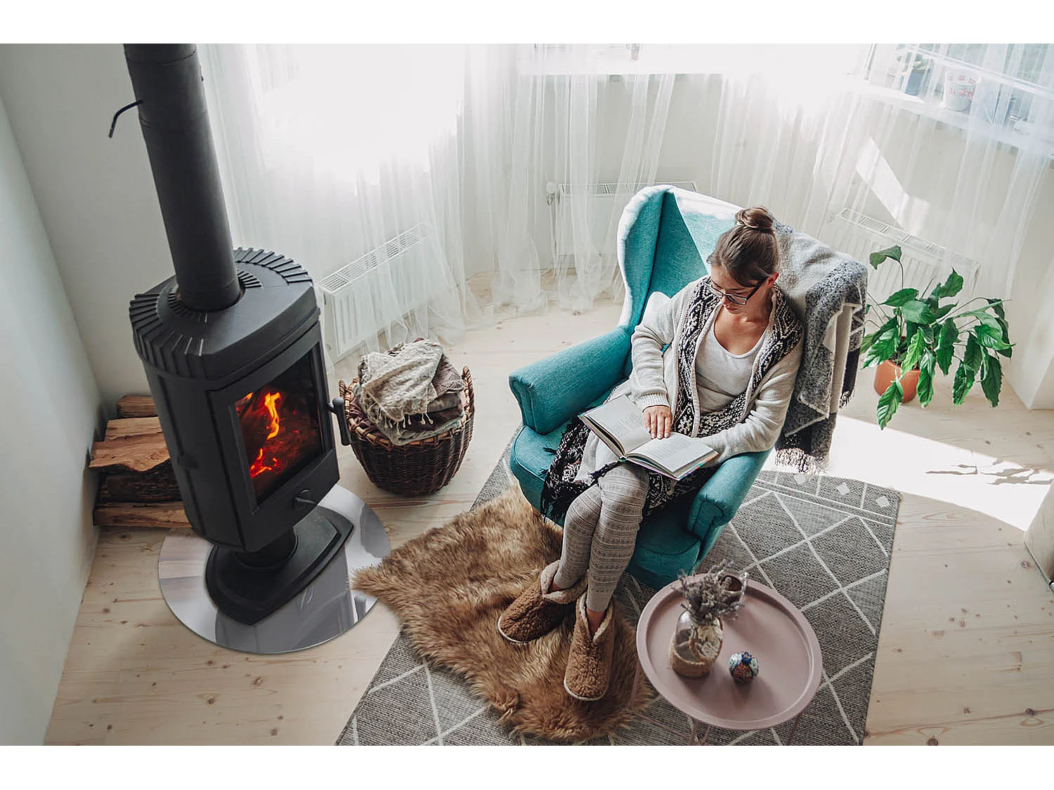 Glasplatte zum Schutz vor Funkenflug, Kaminauflage - Rad - 50x50 - Farbe Hellgrau