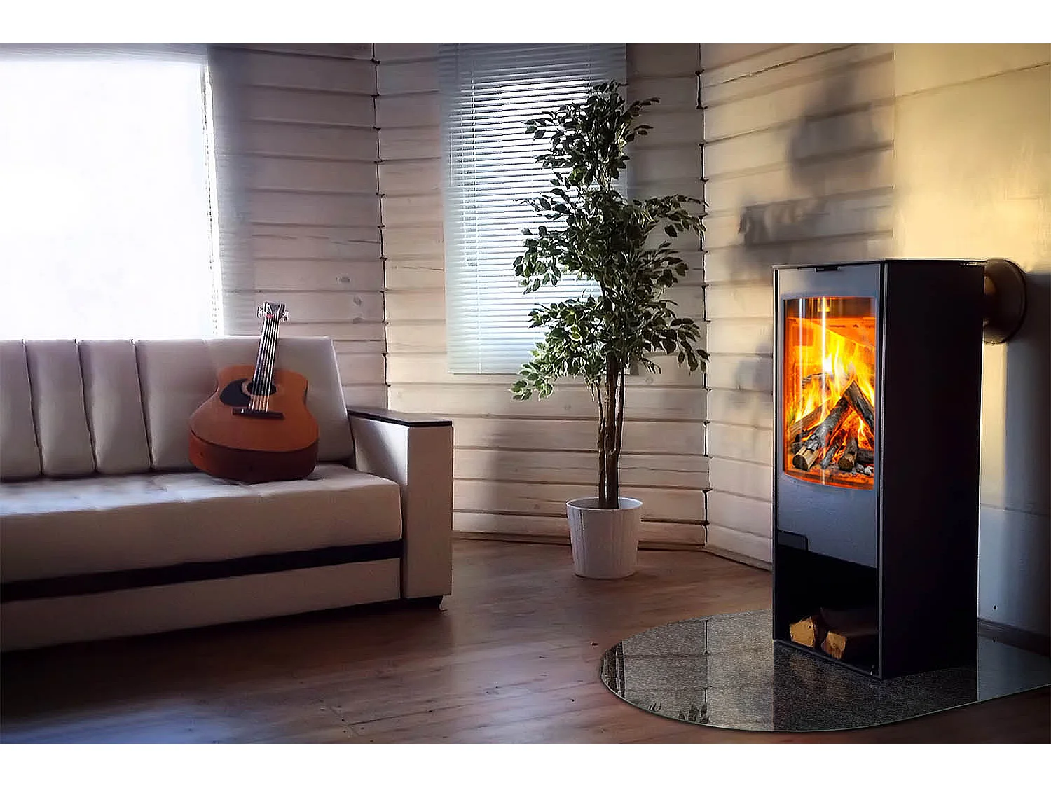 Glasplatte zum Schutz vor Funkenflug, Kaminauflage - halbrund - 100x100 - Elegante Blätter in der Textur