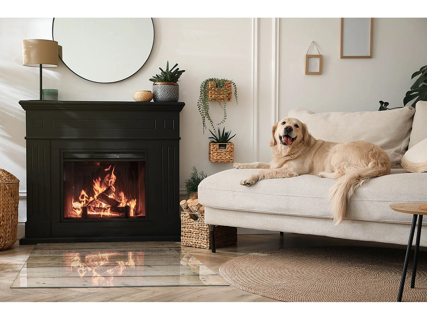 Plaque de sol en verre pour poêle - Rectangle - 100x70 - Texture des planches de bois