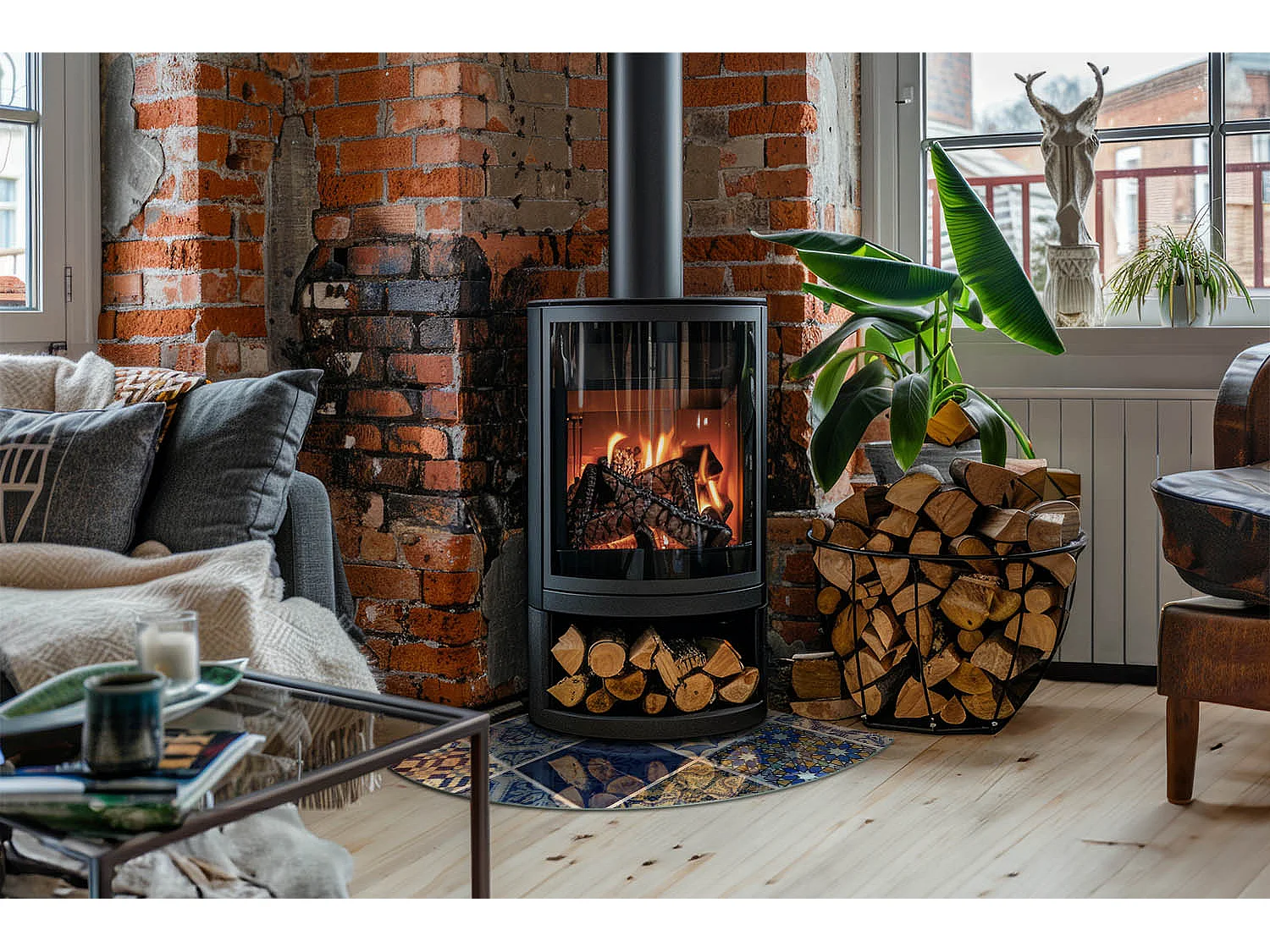 Glasplatte zum Schutz vor Funkenflug, Kaminauflage - Ein Viertel - 1/4 100x100 - Keramikfliesenmuster