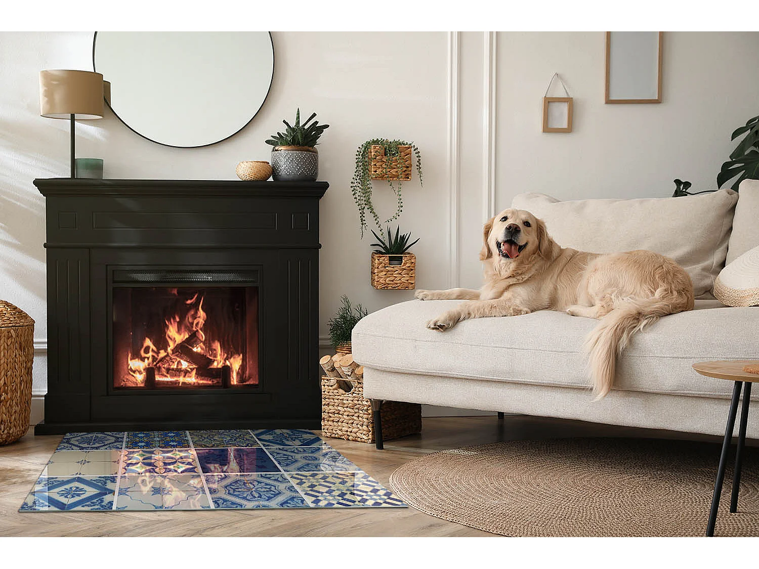 Glasplatte zum Schutz vor Funkenflug, Kaminauflage - Rechteck - 100x70 - Keramikfliesenmuster