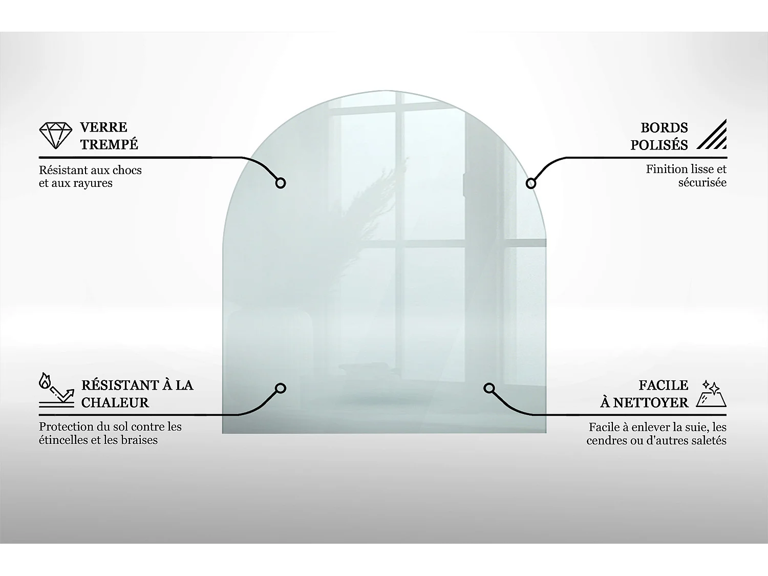 Glasplatte zum Schutz vor Funkenflug, Kaminauflage - transparent - halbrund - 80x70 cm