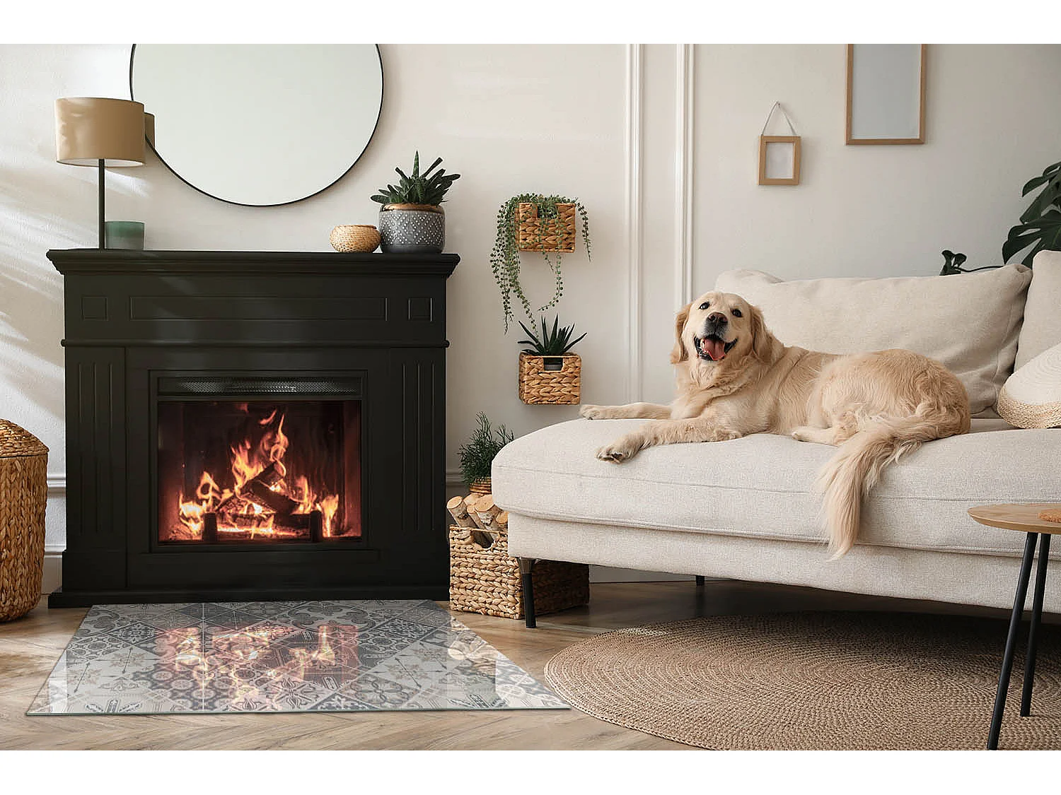 Glasplatte zum Schutz vor Funkenflug, Kaminauflage - Rechteck - 100x70 - Dekoratives Mosaikmuster