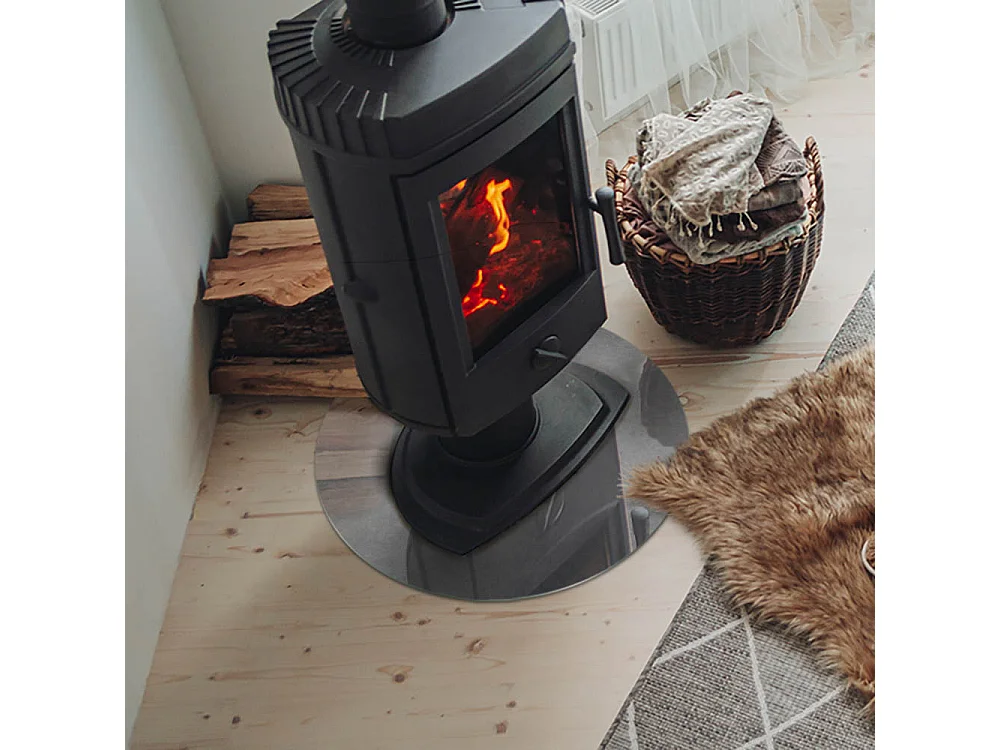 Plaque de sol en verre pour poêle - Roue - 50x50 - Texture béton avec effet