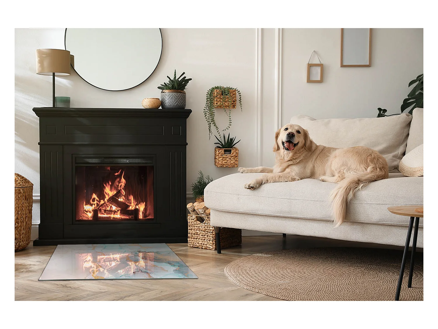 Glasplatte zum Schutz vor Funkenflug, Kaminauflage - Rechteck - 80x60 - Elegante Blätter in der Textur