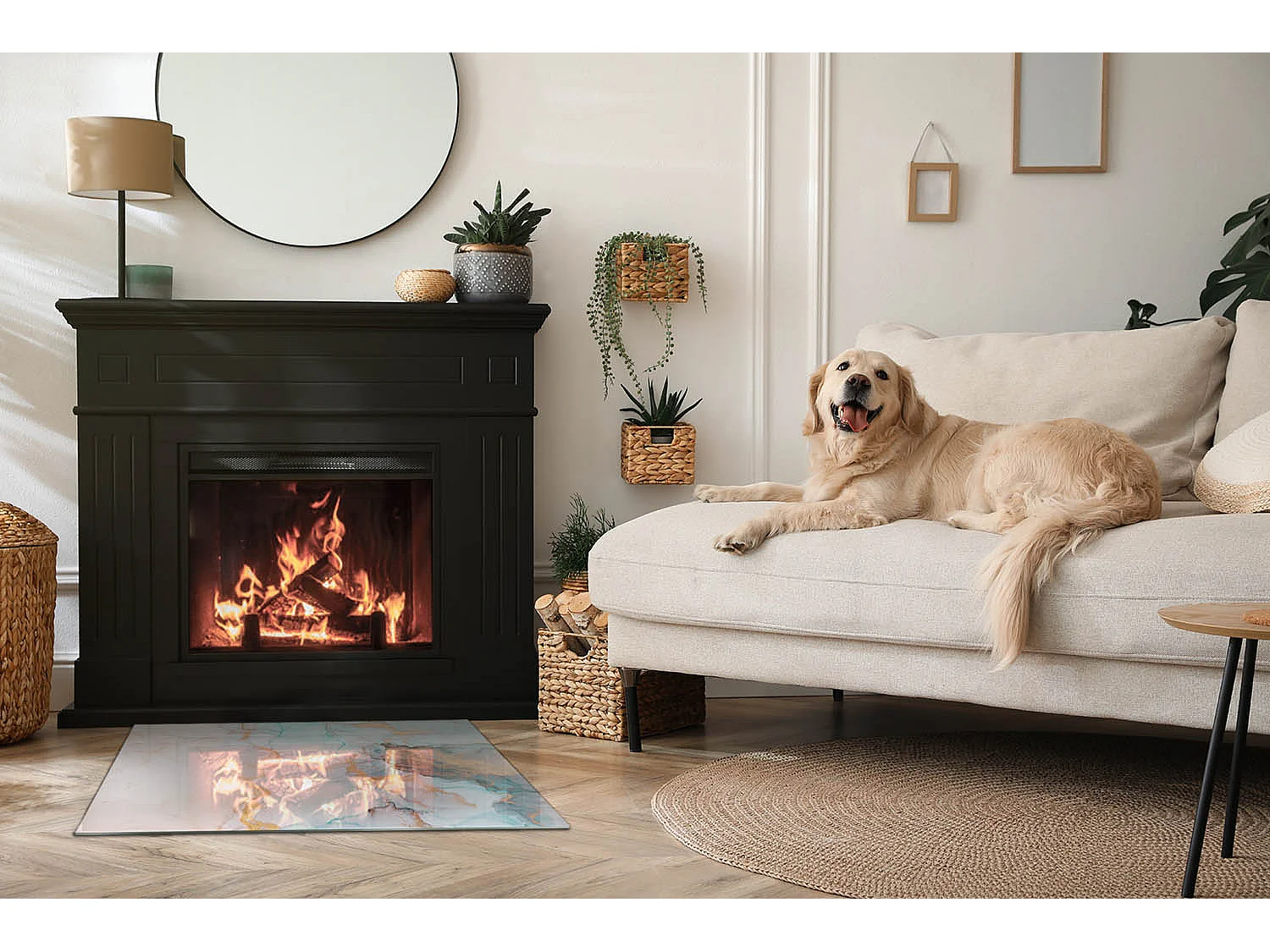 Glasplatte zum Schutz vor Funkenflug, Kaminauflage - Rechteck - 80x60 - Elegante Blätter in der Textur