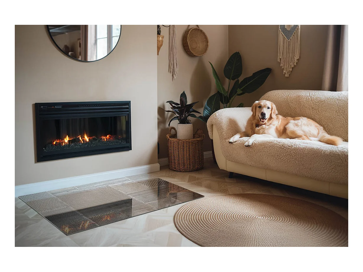 Glasplatte zum Schutz vor Funkenflug, Kaminauflage - Rechteck - 120x80 - Muster aus perforiertem Blech