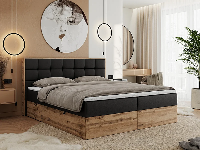 Boxspringbett ALBERO 1, Polsterbett mit gestepptem Kopfteil, Multipocket-Matratze - 120x200 cm - H3 - Schwarz Kunstleder